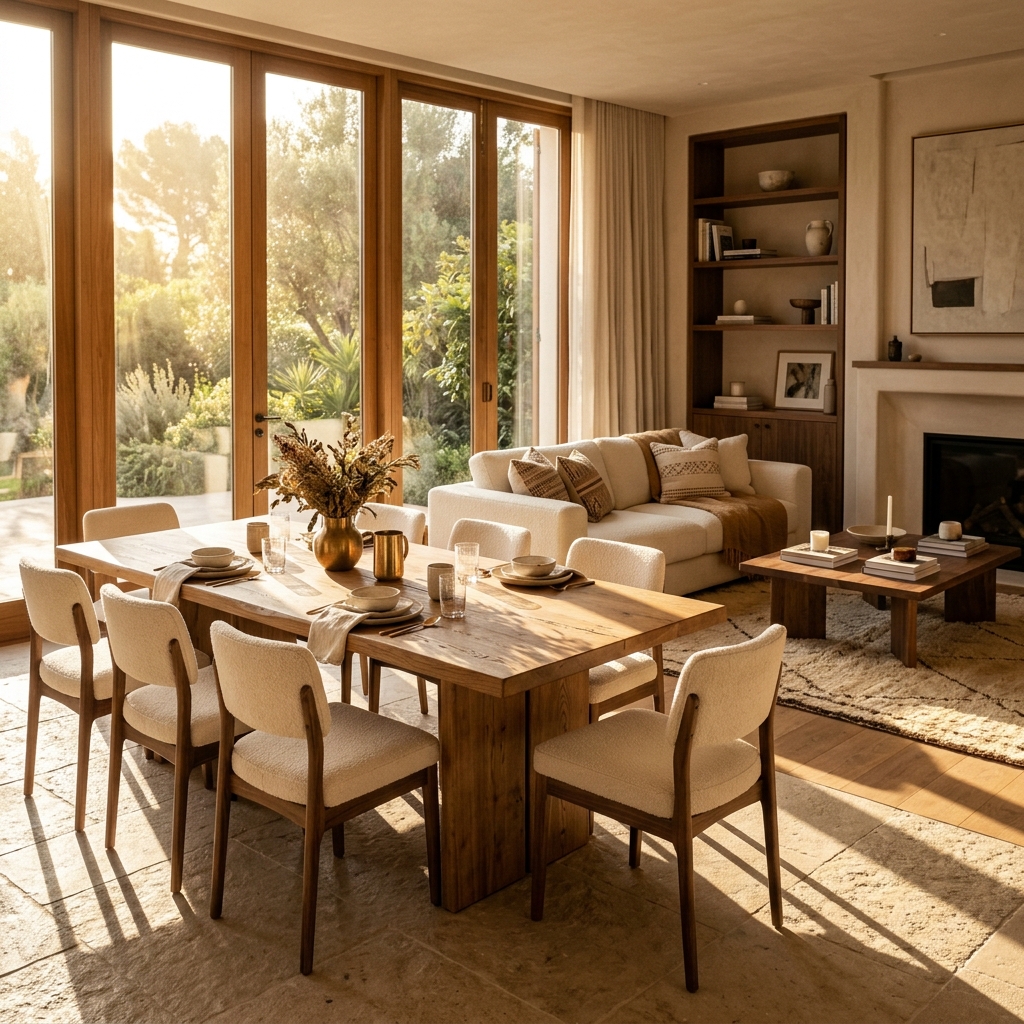 Salon de luxe avec mobilier en bois artisanal